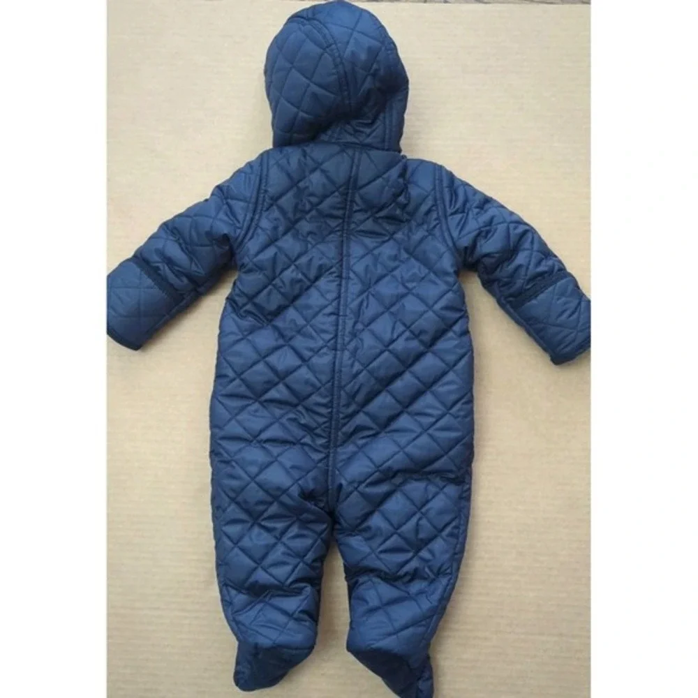 Ralph Lauren Baby Quilted Hooded Snowsuit Snap Front Navy‎ Blue Red Pony Size 6M